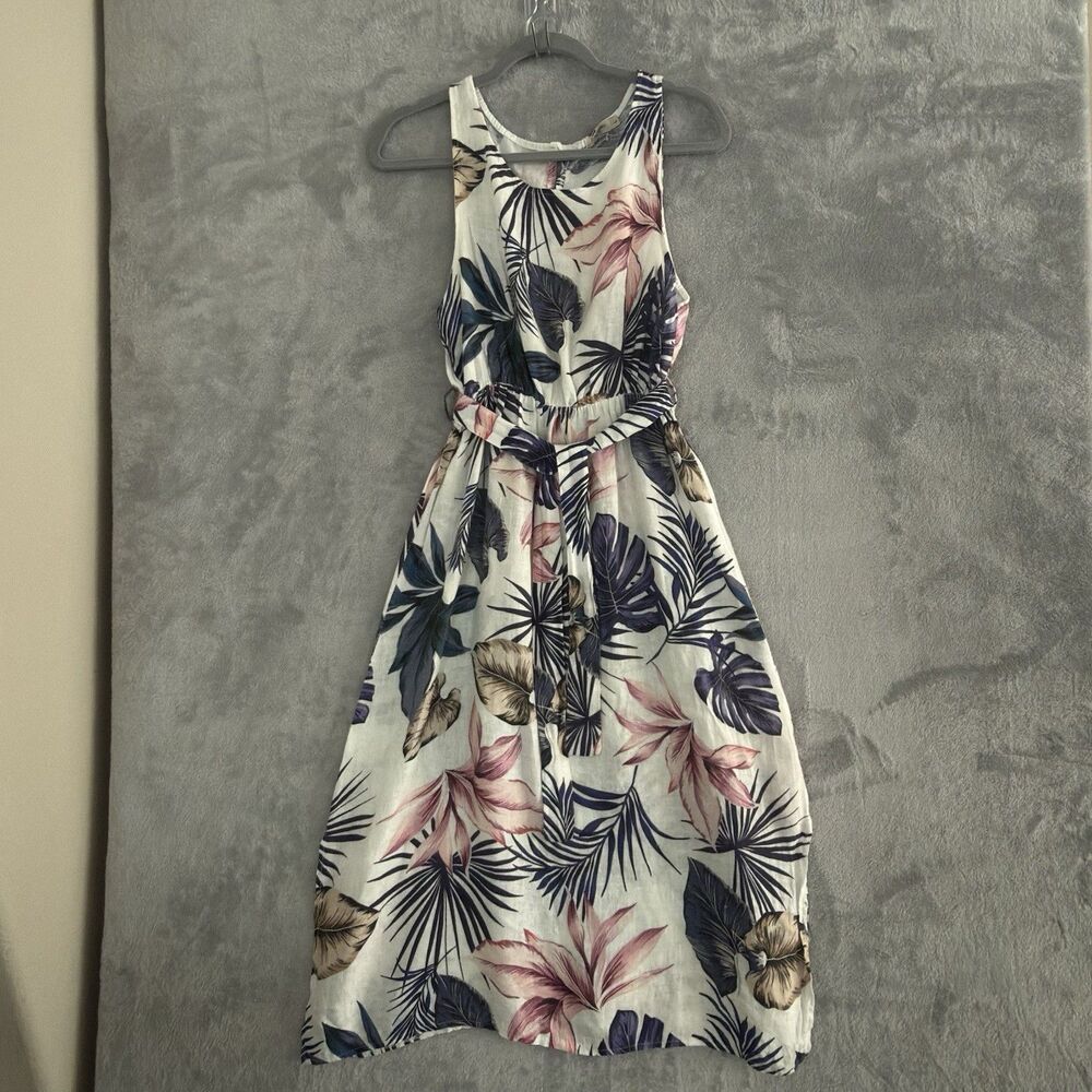 Lungo L'Arno Linen Maxi Dress Womens L Italy Floral Tie Waist Scoop Neck